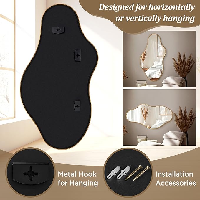 Bathroom Mirrors for Over Sink - Long Wall Mirrors Decorative 20"x 36" Asymmetrical Abstract Aviation Aluminum Alloy Frame Unique for Bedroom, Living Room, Cloakroom, Entryway Gold