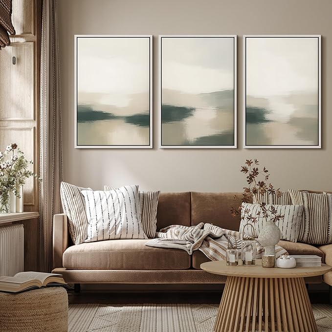 MUDECOR Framed Wall Art Print Set Neutral Landscape Prints in Beige and Green Tones Illustrations Modern Art Boho Decorative Chic for Living Room, Bedroom, Office - 24"x36"x3 White