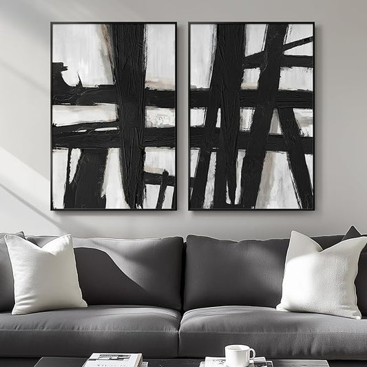 Large Framed Black and White Abstract Wall Art, 2 Piece Modern Canvas Prints Paintings Artwork for Walls, Minimalist Black Lines Pictures for Living Room Hallway Bedroom Office Wall Decor