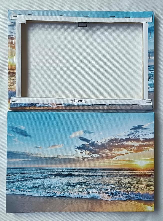 Aibonnly Wall Art Canvas Painting Seaside Sunset over the beaches 1 Piece blue sea view Ocean Picture Poster Print Framed and Stretched Ready to Hang for Living Room Bedroom Kitchen Office