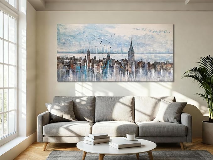 Arjun Cityscape Wall Art New York City Skyline Picture Modern Abstract Grey NYC Skyline Painting Framed Artwork for Bedroom Living Room Home Office Decor, Large 48"x24"