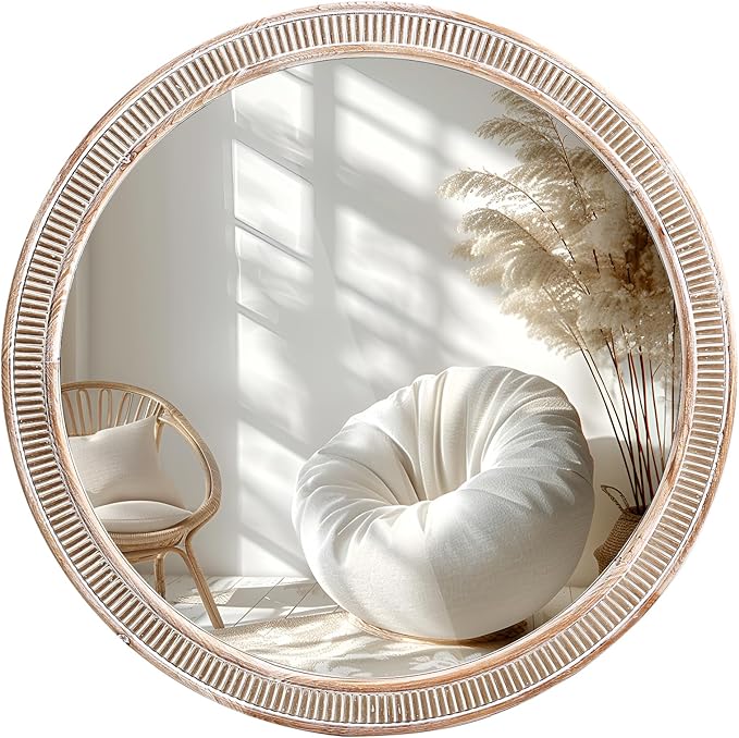 30 Inch Round Wood Mirrors for Wall Decor, Rustic Farmhouse Circle Decorative Mirror for Bathroom, Living Room, Foyer, Entryway, Bedroom