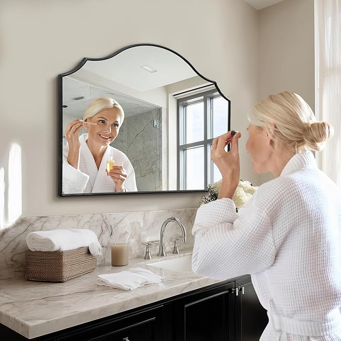 Black Scalloped Arched Mirror: 35"x26" Large Modern Wall Mirror - Minimalist Decorative Dresser Mirrors for Vanity/Bedroom/Fireplace/Living Room/Entryway/Wall Decor