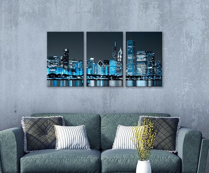 NAN Wind Modern Office Decor Chicago Skyline Canvas Art Chicago City Center Skyline Canvas Prints Cityscape Wall Decorations Blue Wall Decor for Living Room Pictures for Bedroom Decorations
