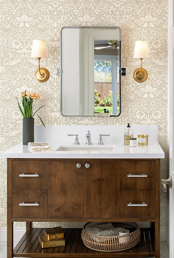 17.7x118in William Morris Wallpaper Peel and Stick Vintage Floral Wallpaper Neutral Strawberry Bird Self Adhesive Contact Paper Waterproof for Bedroom Bathroom Cabinets Drawers Decor