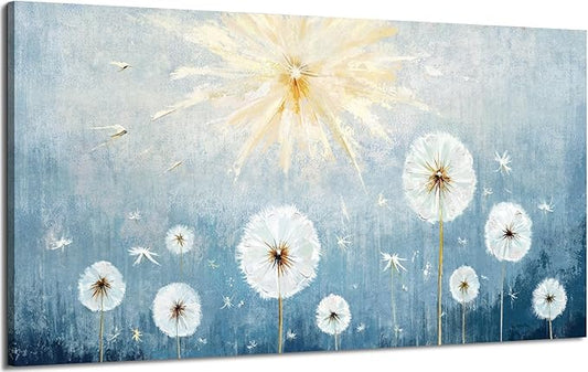 Nicetop Large Canvas Wall Art for Living Room- Floral Landscape Artwork Gallery Wrapped Nature Wildflower Dandelion Print Botanical Flower Picture Bedroom Office Decor,Blue and White, 48x24 Inch