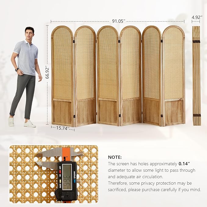 6 Panels Room Divider, Folding Privacy Screen, Foldable Wood Rattan Room Divider Panel, Portable Partition Screen Wall Divider for Room Separation Bedroom Home Office Garden Terrace (Natural)