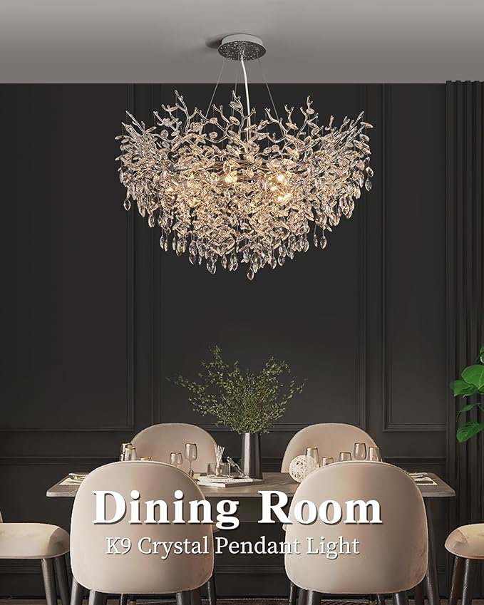 Modern Crystal Chandelier for Dining Room, 39.5" Chrome Tree Branch Chandeliers, 12-Light Luxury K9 Crystal Round Chandeliers for Kitchen Island Living Room