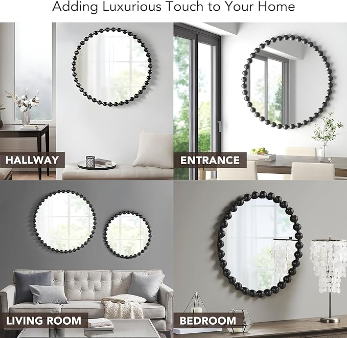 Madison Park Round Mirror, Metal Frame Circle Mirror 36 inch, Wall Art Decor Mounted Hanging for Entryway, Bathroom, hallway, Living Room, Vanity, Marlowe, Black
