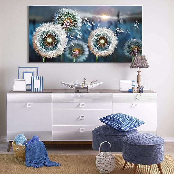 Large Wall Art Dandelion Canvas Art Wall Decor for Living Room White Dandelion Sun Blue Landscape Prints Artwork Modern Framed Wall Art for Bedroom Office Home Decorations Pictures for Bedroom Wall Decor Size 29x58