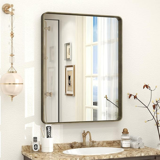 24x30 Bronze Bathroom Mirror, Brushed Metal Bathroom Vanity Mirrors for Wall, Rounded Corner Bronze Rectangle Mirror for Farmhouse, Bedroom, Anti-Rust (Horizontal/Vertical)