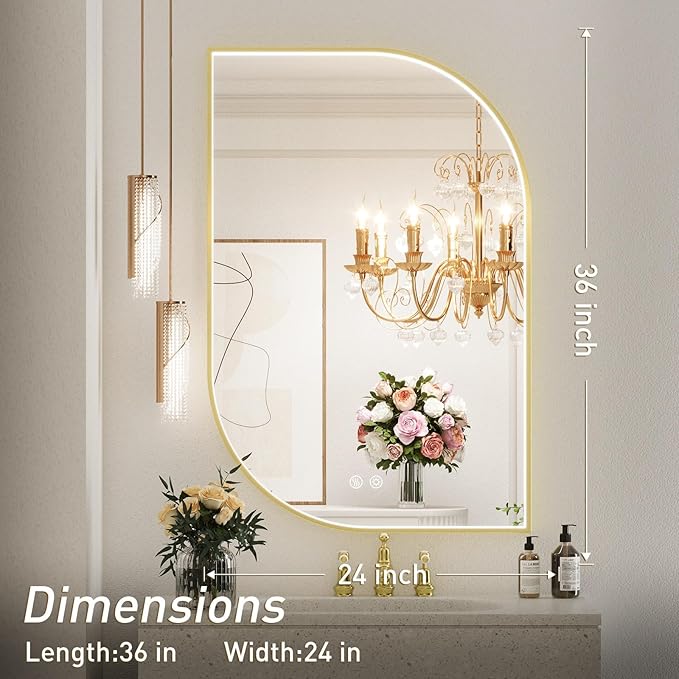 24X36 Inch LED Mirror for Bathroom with Lights,Gold Frame Lighted Irregular Asymmetrical Unique Vanity Wall Mirror,Anti-Fog,Dimmable