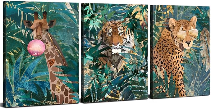 Abstract Animal Wall Art Giraffe Cheetah Tiger Pictures for Living Room Boho Green Plant Leaves Posters Jungle Botanical Canvas Adventure Wildlife Wall Decor Bathroom Bedroom Home Decoration 12x16" 3P