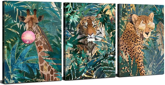 Large Boho Animal Canvas Wall Art Living Room Bedroom Wall Decor Tiger Leopard Giraffe Wildlife Paintings Vintage Green Leaves Plants Artwork Kitchen Turquoise Bohemia Home Decorations 24x36" 3 Pieces