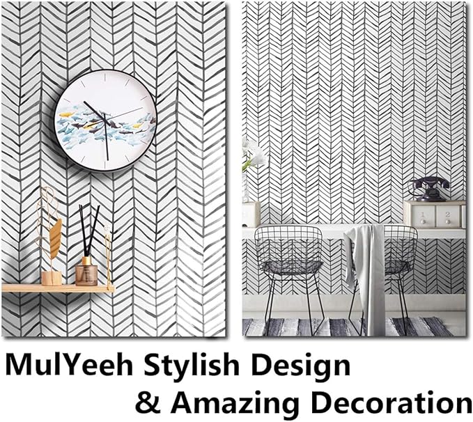 MulYeeh 17.5'' x 472'' Adhesive Peel and Stick Paper Herringbone Black White Wallpaper Removable Wall Covering Prepasted Decorative