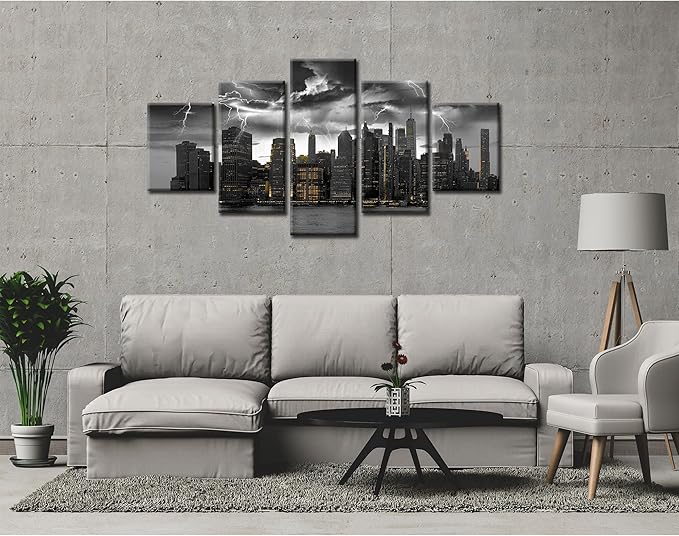 Cawpom Black and White New York Skyline Wall Art Manhattan Storm Cityscape Wall Decor Picture Canvas Print Nature Lightning Strikes Painting Poster Frame Home Living Room Decoration(60x32 inches)