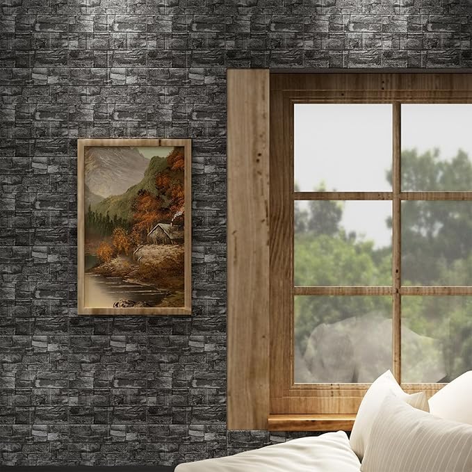 3D Wall Panels Peel and Stick in Black Grey, 40 PCS XPE Foam 3D Wallpaper, Faux Brick Wall Panels for Bedroom, Stairs, Kitchen