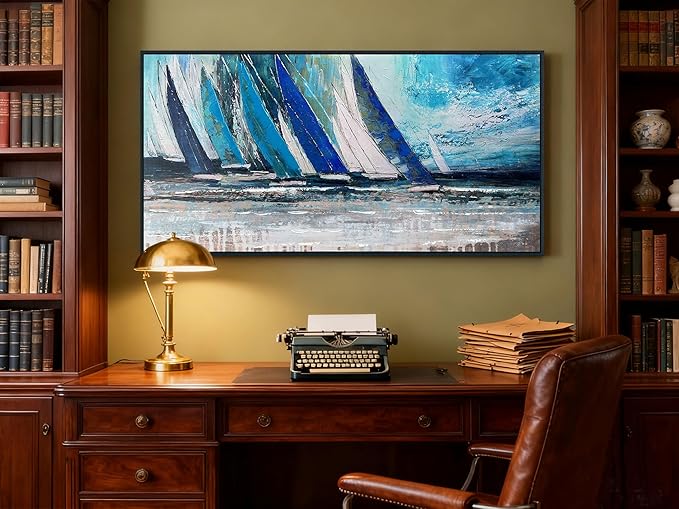 Arjun Framed Wall Art Blue Abstract Wall Art Canvas for Living Room, Teal Coastal Nautical Sailboat Picture Painting Artwork Bedroom Home Office Wall Decor, Black Wood Large 48"x24"