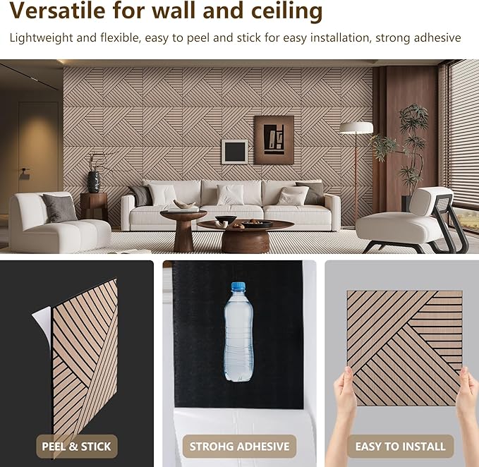 4 Packs Acoustic Wall Panels - Self-Adhesive 3D Wood Slat Wall Panel- Peel and Stick Sound Absorbing Panels for Noise Reducing - Feature Wall Decor for Home & Office