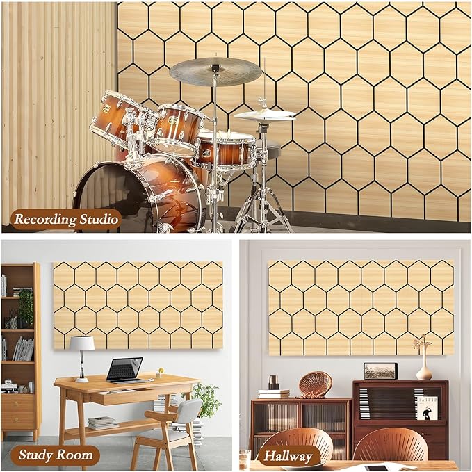 4Pack Acoustic Wall Panel Self-Adhesive Soundproof Foam Panels for Wall, 3D Perforated Tri-Layer Polyester Fiber Decorative Acoustic Insulation for Recording Studio, Office, Home, 24×12×1.78", Hexagon