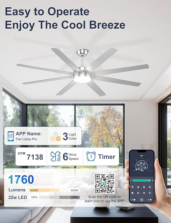 72'' Silver Ceiling Fans with Lights, 8 Blades Large Ceiling Fan Remote/APP Control, Dimmable, Silent Big Ceiling Fan for Indoor/Covered Outdoor