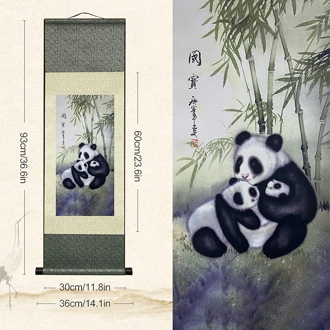 AtfArt Asian Wall Decor Beautiful Silk Scroll Painting Chinese Panda National Treasure Oriental Decor Chinese Art Wall Scroll Wall Hanging Painting Scroll (36.2 x 12 in)