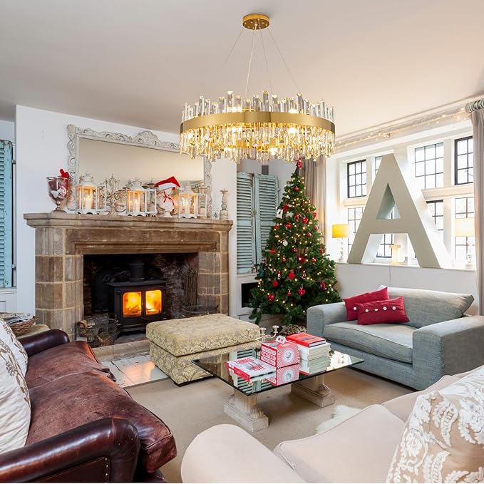 Modern Crystal Chandeliers, 16 Lights Brass Gold Round 2-Tier K9 Crystal Raindrop Chandelier, Luxury Flush Mount Pendant Ceiling Light for Living Room Bedroom Entryway Kitchen Foyer D31.5''