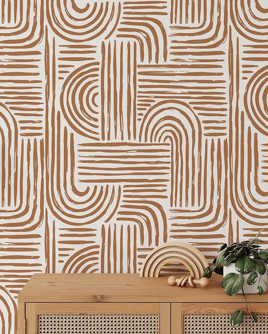 Minimalist Abstract Lines Wallpaper | Removable Self Adhesive Brown Boho Wallpaper | Geometrical Rounded Lines Peel and Stick Wallpaper (1 roll 24" W x 60" H)