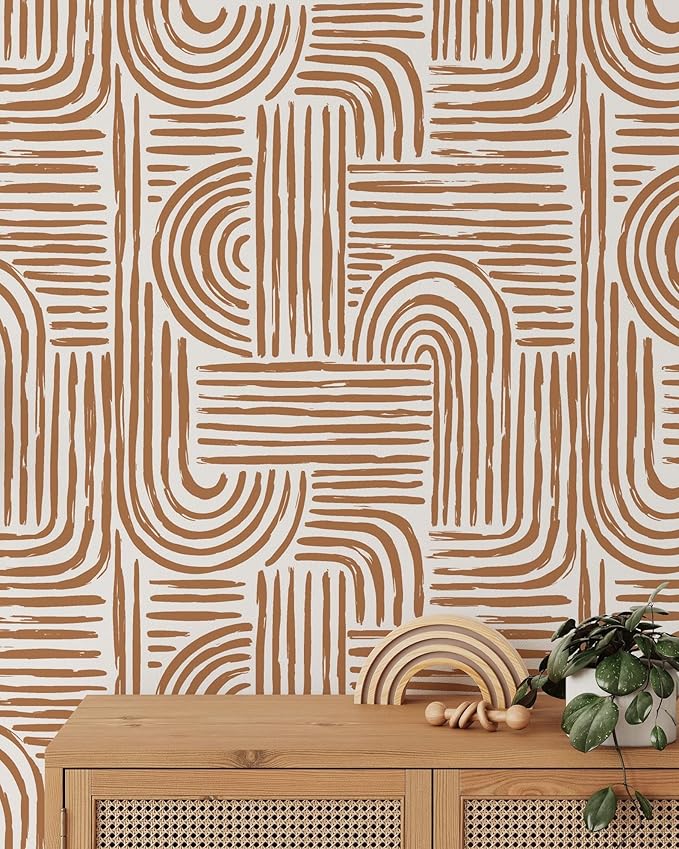 Minimalist Abstract Lines Wallpaper | Removable Self Adhesive Brown Boho Wallpaper | Geometrical Rounded Lines Peel and Stick Wallpaper (1 roll 24" W x 72" H)