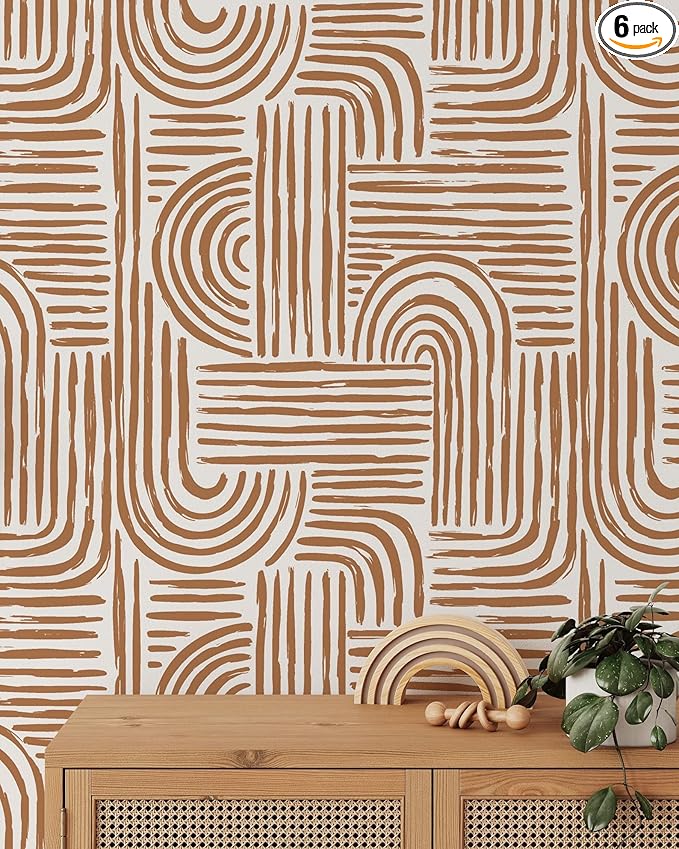 Minimalist Abstract Lines Wallpaper | Removable Self Adhesive Brown Boho Wallpaper | Geometrical Rounded Lines Peel and Stick Wallpaper (1 roll 24" W x 96" H)