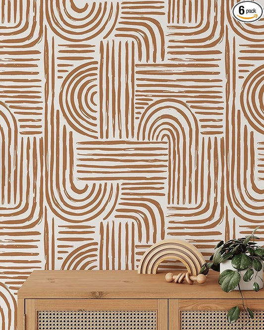 Minimalist Abstract Lines Wallpaper | Removable Self Adhesive Brown Boho Wallpaper | Geometrical Rounded Lines Peel and Stick Wallpaper (1 roll 24" W x 96" H)