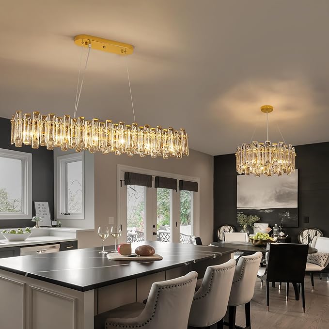 Modern Luxury Rectangular K9 Crystal Chandelier for Dining Room Living Room Kitchen Island Entryway Foyer L31.5 Easy Install Adjustable Hight 5-Light Ceiling Hanging Light Fixture Gold