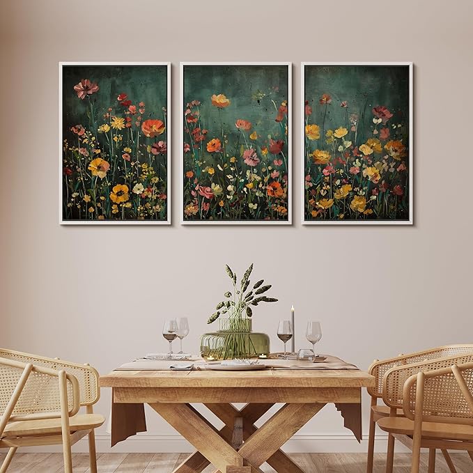 MUDECOR Framed Wall Art Print Set Vintage Wildflower Meadow with Colorful Blooms Illustrations Modern Art Boho Decorative Colorful Chic for Living Room, Bedroom, Office - 24"x36"x3 White