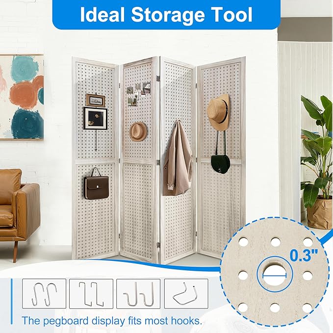 2 PCS Room Dividers 4 Panel Pegboard Display 5.6FT Wood PegBoard Room Divider,Folding Privacy Screens Portable Freestanding Partition Wall Divider for Art Shows & Room Separation, Natural Wood