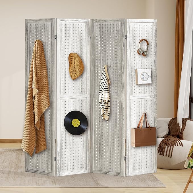 4 Panel Pegboard Display with 16 Hooks, Wooden Room Divider Wall and Folding Privacy Screens, Partition Room dividers, Pegboard Room Divider, Jewelry Store, Retail Store, Bedroom, White