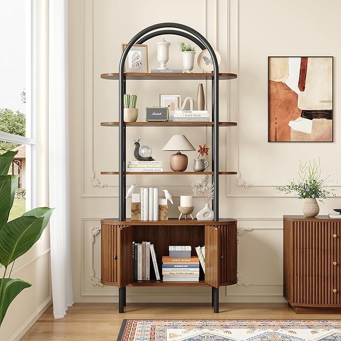 71" Tall Bookshelf, Bookcase, 4-Tier Book Shelf with Storage Cabinet, Curved Metal Frame Bookcase, Freestanding Industrial Storage Display Shelving for Living Room Office Bedroom, Walnut