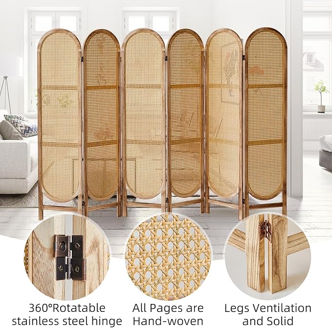 6 Panels Room Dividers and Hand-Woven Rattan Room Divider Wall, Wood Room Divider Folding Privacy Screens for Home Office Bedroom, Light Brown