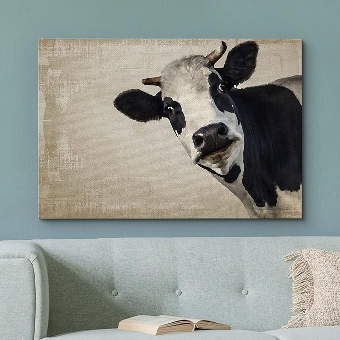 wall26 Canvas Print Wall Art Black & White Cow Portrait on Grunge Background Animals Wildlife Digital Art Realism Rustic Scenic Nature Photography Colorful for Living Room, Bedroom, Office - 16"x24"
