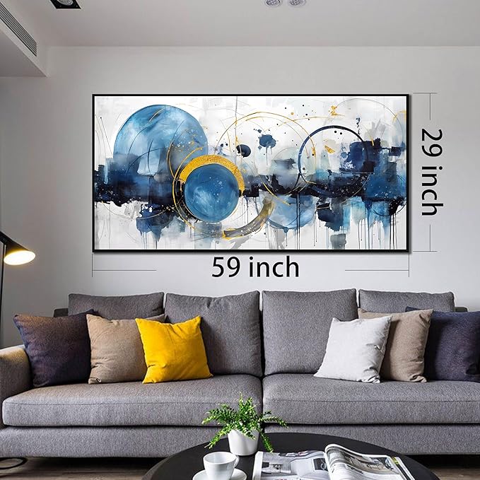 Blue Abstract Canvas Wall Art Bedroom - Office Artwork Wall Decor - Large Framed Wall Art for Living Room Ready to Hang Size 29" x 59"