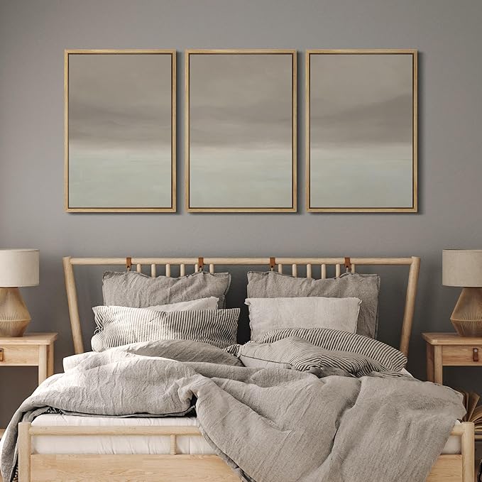 MUDECOR Framed Wall Art Print Set Misty Horizon Minimalist Foggy Mountain Landscape in Soft Neutral Tones Illustrations Realism Decorative for Living Room, Bedroom, Office - 24"x36"x3 Natural