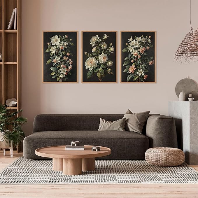 Moody Botanical Floral Framed Canvas Print Wall Art Set,Vintage Retro Dark Black Flowers Wall Decor,Nature Modern Elegant Wildflower Artwork for Living Room,Bedroom-16 x24 x3