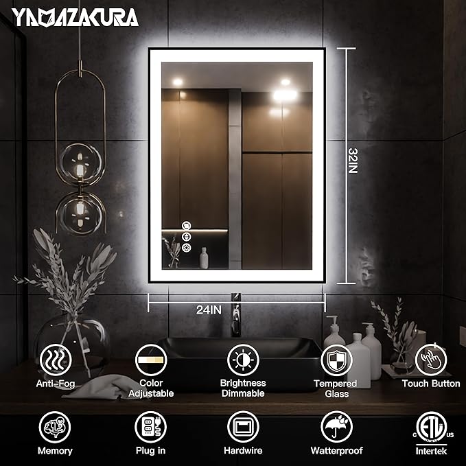 LED Bathroom Mirror 32x24 with Backlit and Front Lighted, Framed Dimmable Illuminated Mirror for Wall Anti-Fog Shatterproof (Horizontal/Vertical)…