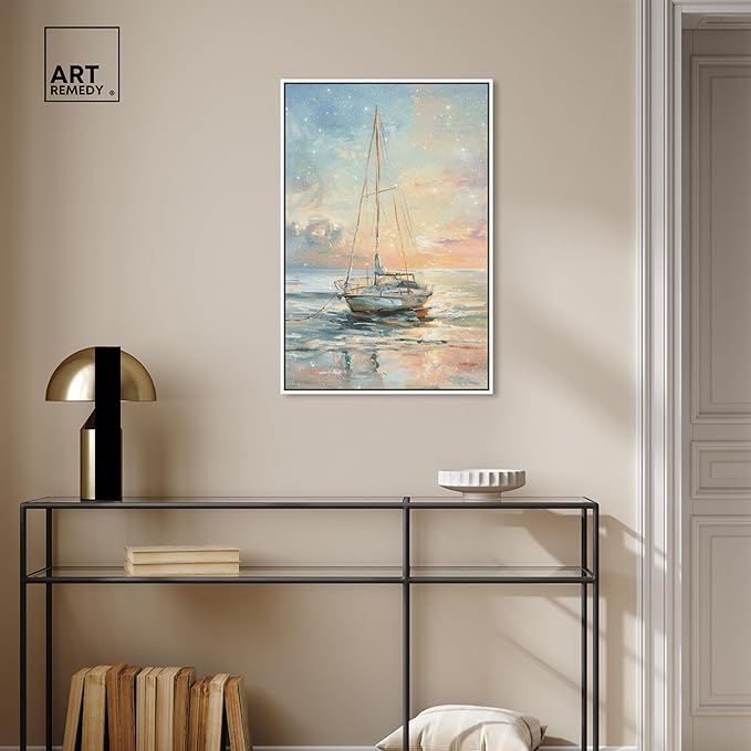 Art Remedy Boat On The Shore Framed Sailing 1 Piece Canvas Wall Art, 21" x 31", White Frame