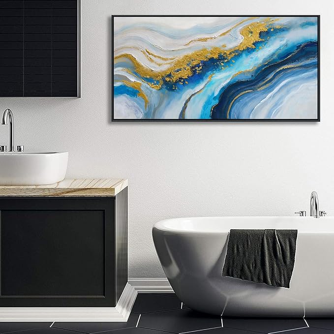 Abstract Canvas Blue Wall Art for Living Room - Modern Gold Wall Art, Office Wall Decor, Above Bed Wall Decor, Large Pictures for Bedroom Framed Artwork for Walls 20×40IN