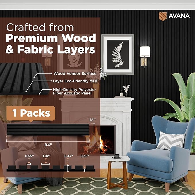 Avana Modern Acoustic Wood Wall Panels – 94.4 x 12.6 Inch Black Oak Acoustic Panels 1 PC – Wall Panels For Interior Wall Decor For Homes, Offices, Studios – Sturdy & Durable Wood Panels For Wall