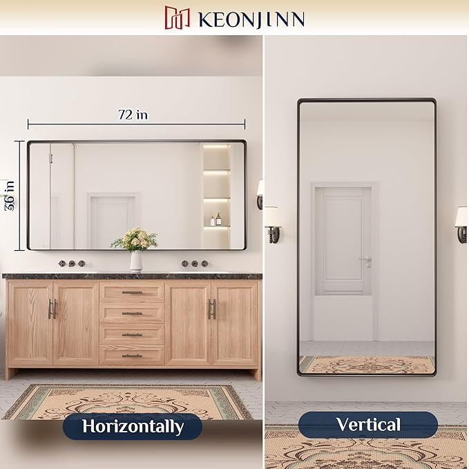 Keonjinn Black Bathroom Mirror for Over Sink, 72” x 36” Large Rounded Rectangle Bathroom Vanity Mirror, Matte Black Farmhouse Wall Mirror, HD Tempered Glass, Seamless Metal Frame(Horizontal/Vertical)
