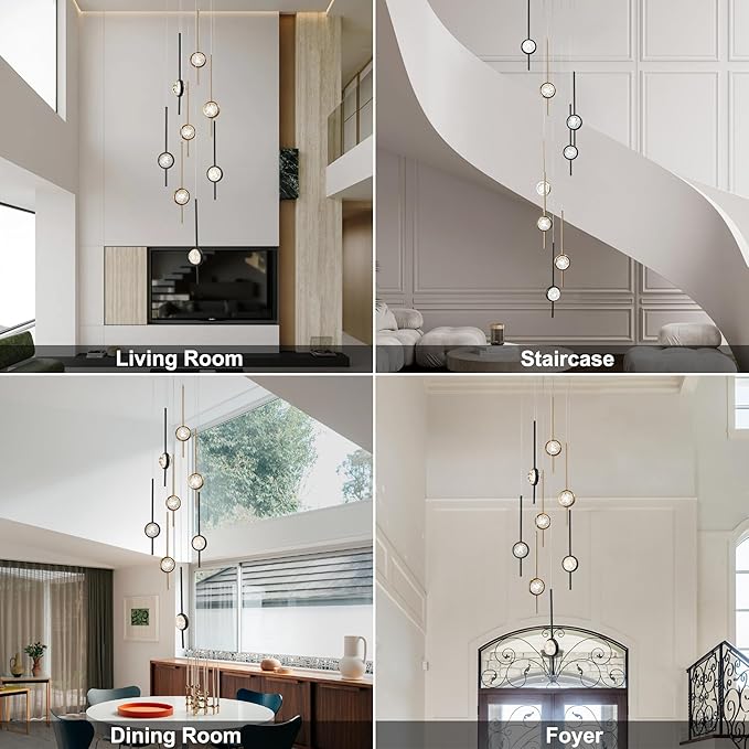 8-Light Chandelier,Crystal Globe Ball Bubble Chandelier with Special Black Gold pins.Black and Gold Chandelier for Spiral Staircase, Foyer, Entryway,High Ceiling (24W)