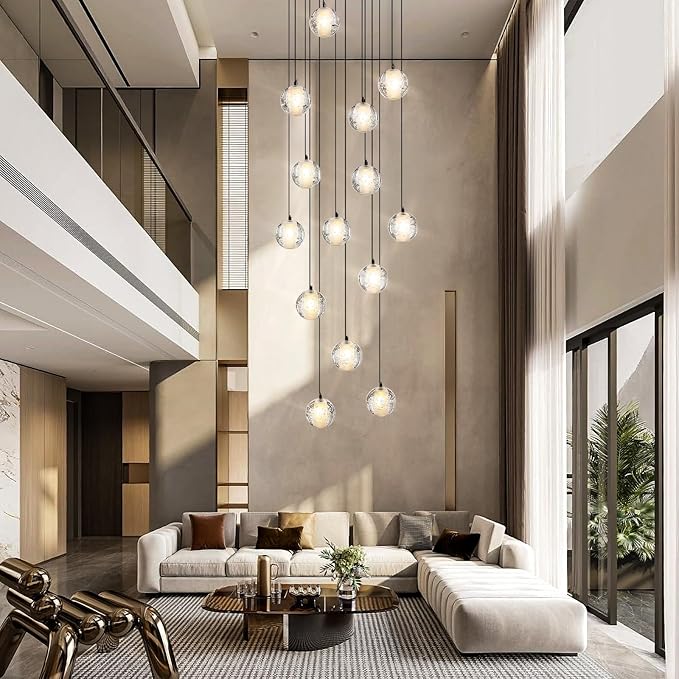 Black chandelier-14-Lights Staircase Chandelier for Living Room Hight Ceiling Foyer Pendant Lighting Fixture Modern Crystal Chandelier Spiral Stairwell Lighting Round Base Light, Warm Light