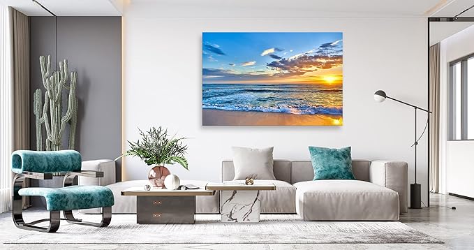 Aibonnly Wall Art Canvas Painting Seaside Sunset over the beaches 1 Piece blue sea view Ocean Picture Poster Print Framed and Stretched Ready to Hang for Living Room Bedroom Kitchen Office