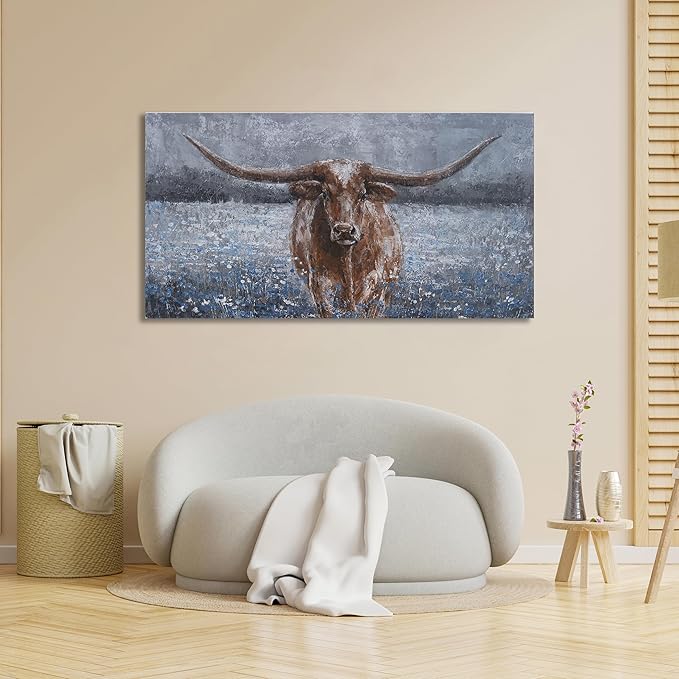 KUPTEU Canvas Wall Art Decor Vintage Wall Art For Living Room Highland Cow Wall Art Decorations Canvas Art Wall Decor Modern Blue Wall Art Prints Artwork for Walls Bedroom Home Decor 20" x 40"